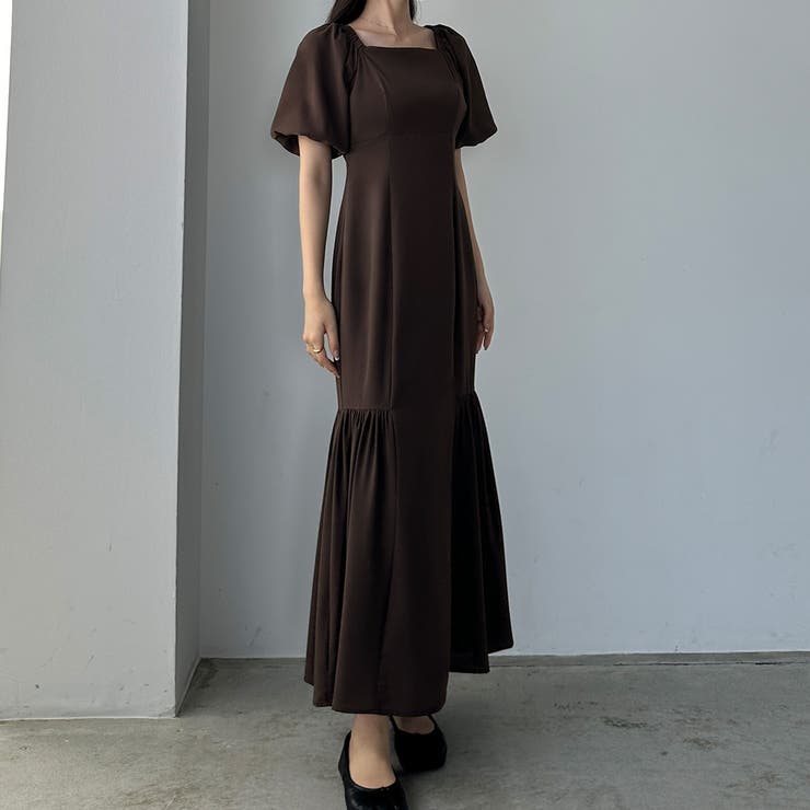 Louere ハイウエストギャザーマーメイドワンピース[品番：AMTW0009099