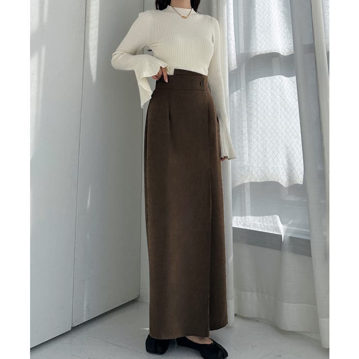 ブラウン | Louere 裏起毛ヘリンボーンタイトラップ風スカート | Louere