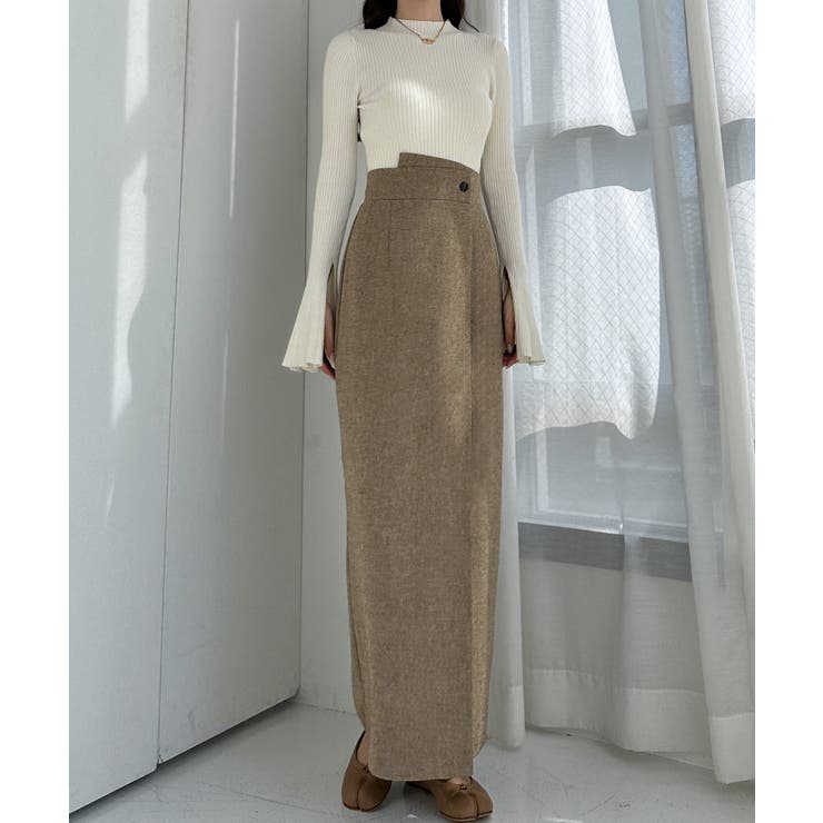 ベージュ | Louere 裏起毛ヘリンボーンタイトラップ風スカート | Louere