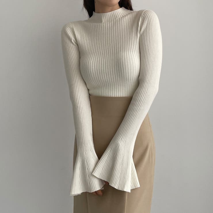 アイボリー | Louere フレアスリットスリーブハイネックリブニット | Louere