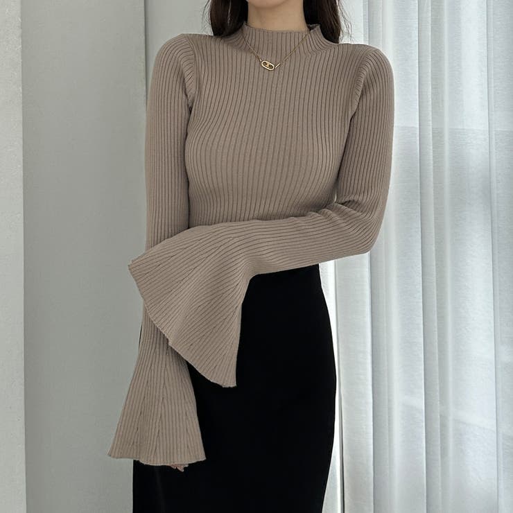 グレージュ | Louere フレアスリットスリーブハイネックリブニット | Louere