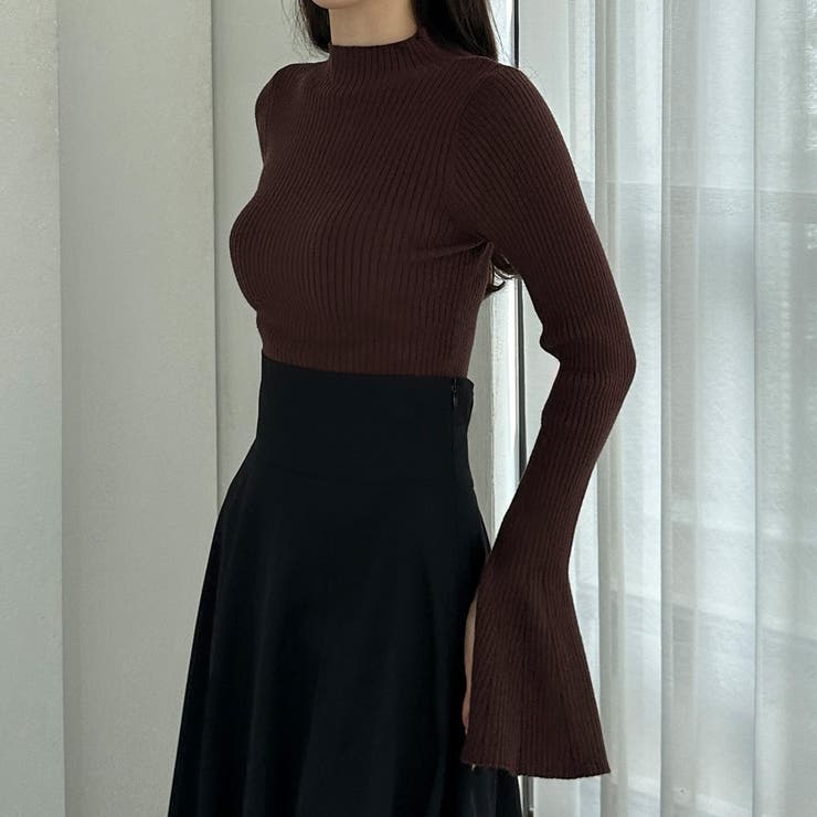 ブラウン | Louere フレアスリットスリーブハイネックリブニット | Louere