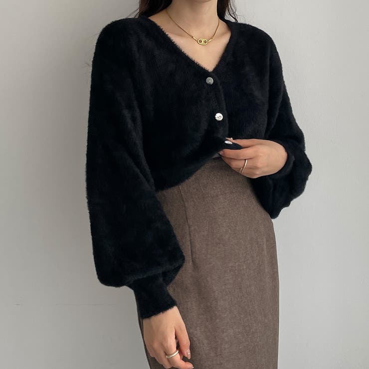 Louere パフスリーブショートニットカーディガン[品番
