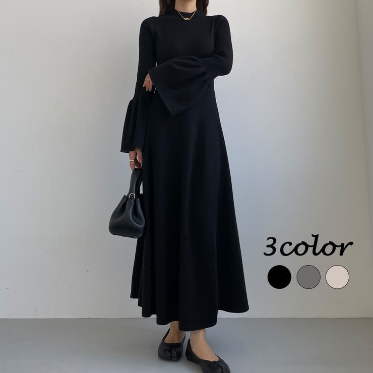 Louere ベルスリーブフレアニットワンピース[品番：AMTW0009184