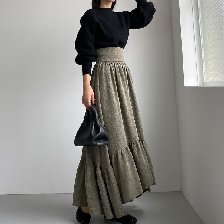【グレー】Louere ツイード裾フレアスカート