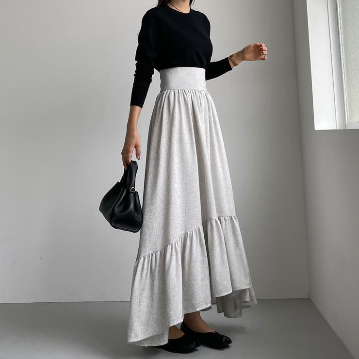 【ライトベージュ】Louere ツイード裾フレアスカート
