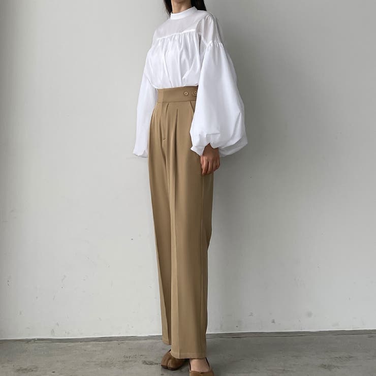 Louere ウエスト調整可能サイドボタンスラックスパンツ[品番