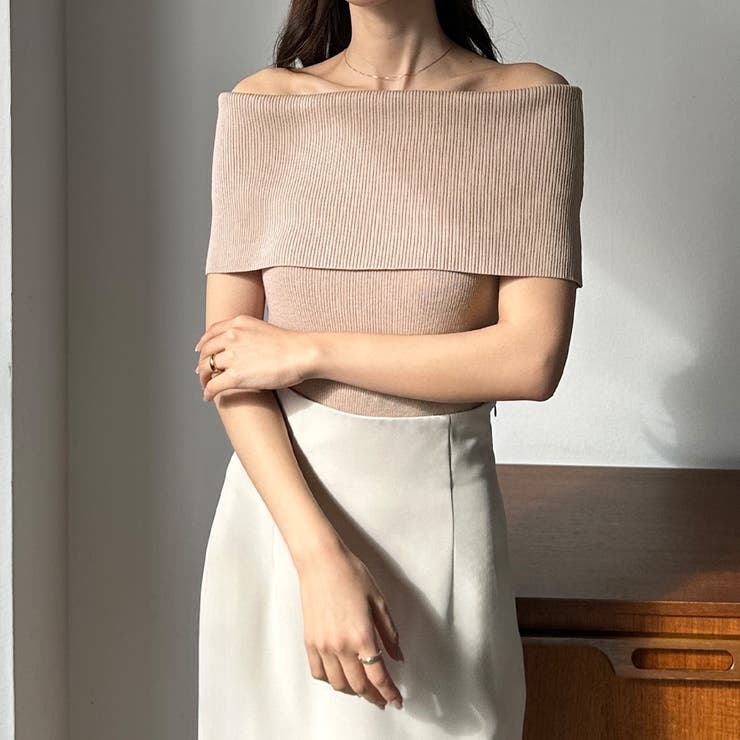 ピンクベージュ | Louere ワイドオフショルニットトップス | Louere