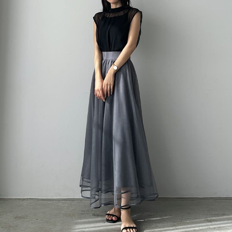Louere 裾パイピングチュールフレアスカート[品番：AMTW0010301