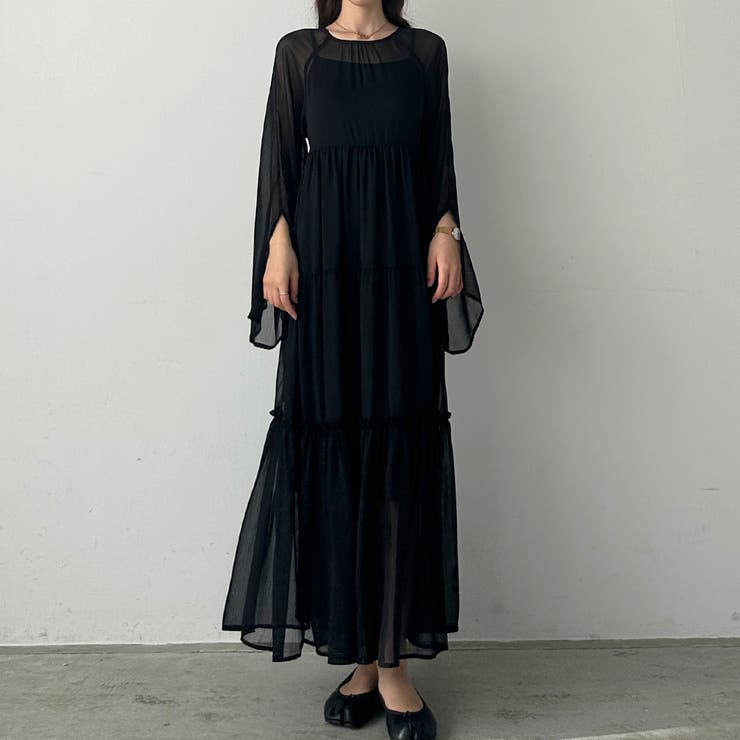 【美品】ラブレス シアーワンピース ネイビー ペチコート付き 36 louere 【ペチコートset】シアーティアードワンピース[品番