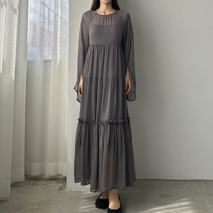 【美品】ラブレス シアーワンピース ネイビー ペチコート付き 36 louere 【ペチコートset】シアーティアードワンピース[品番