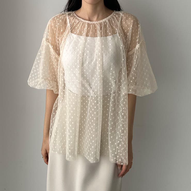 ebure ホワイト バルーンスリーブ　シアーブラウス　36 前後2WAY花柄シアーバルーンスリーブペプラムブラウス