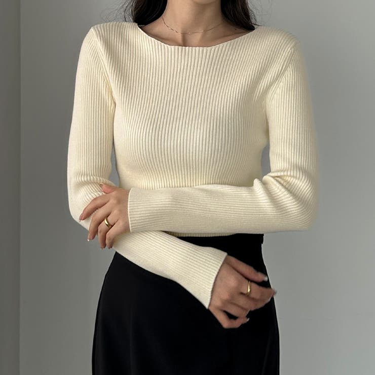 アイボリー | Louere ボートネック長袖リブニット | Louere