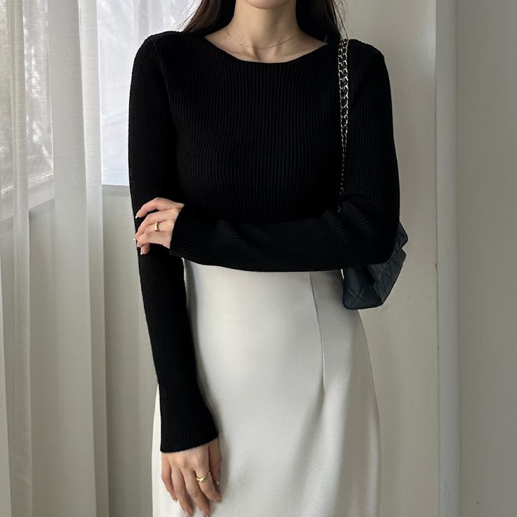 ブラック | Louere ボートネック長袖リブニット | Louere