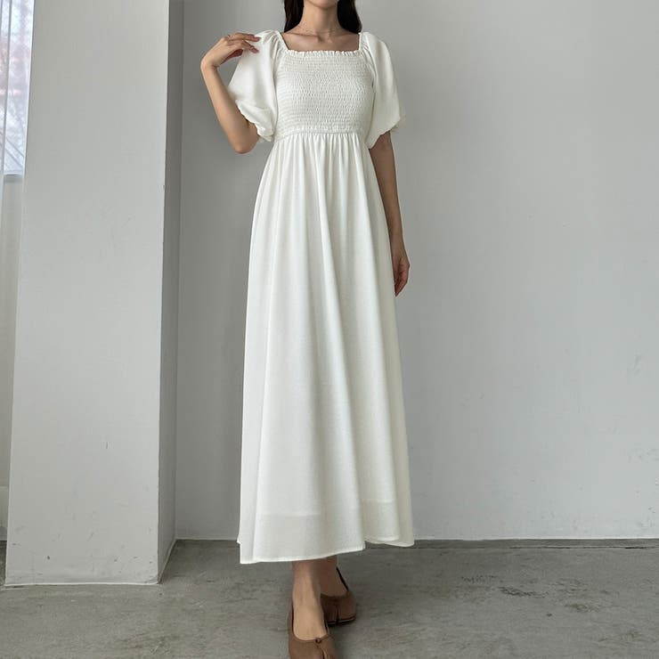 ★ChicLine★ イデン パフスリーブベルト付きフレアワンピース Louere パフスリーブシャーリングフレアワンピース【ペチ