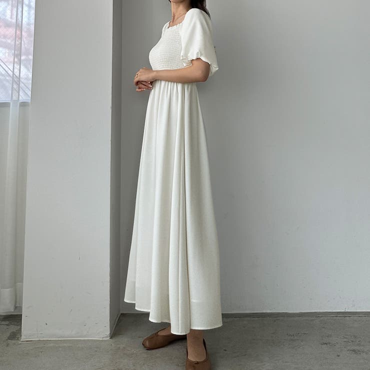 Louere パフスリーブシャーリングフレアワンピース【ペチ
