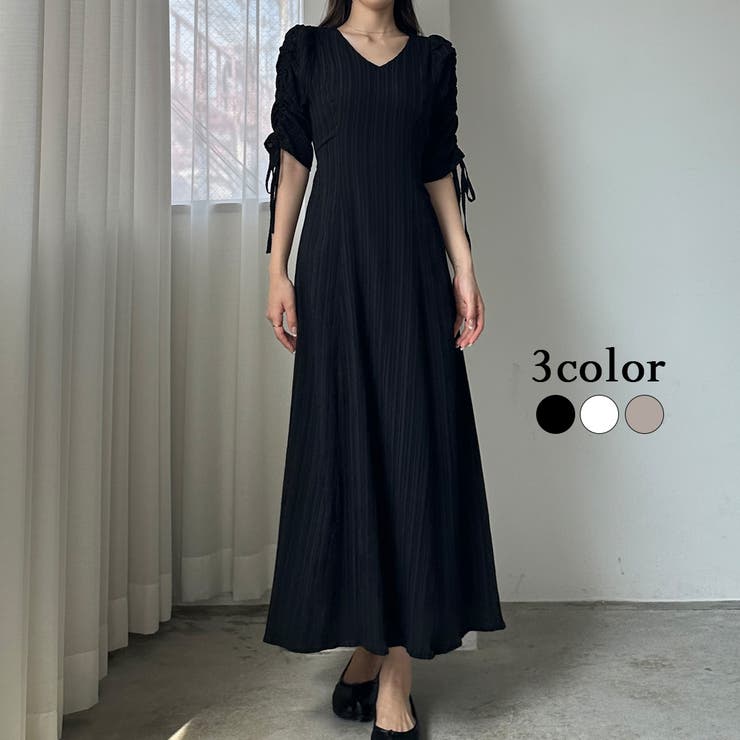 Louere 楊柳ギャザースリーブVネックワンピース【ペチスカートセット】 | Louere | 詳細画像1 