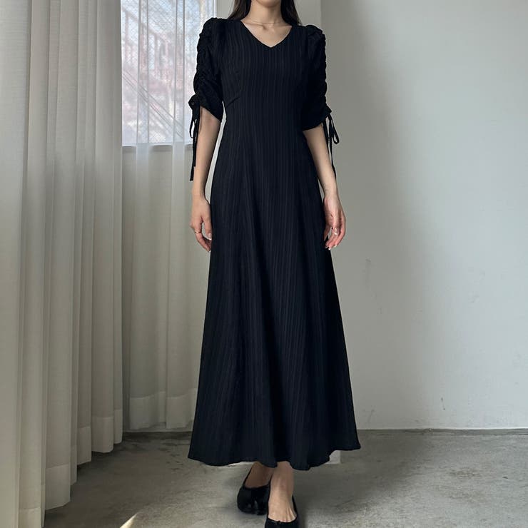 ブラック | Louere 楊柳ギャザースリーブVネックワンピース【ペチスカートセット】 | Louere