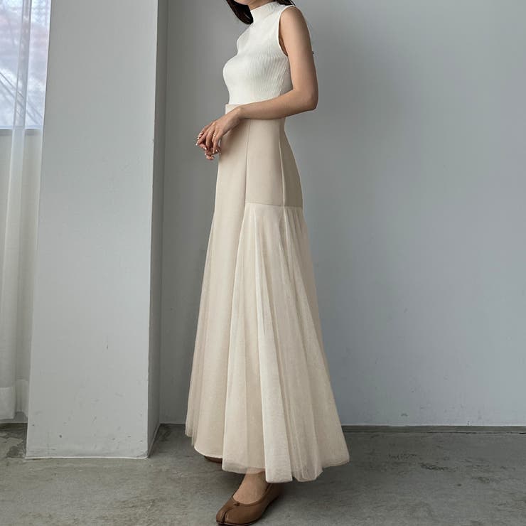 Louere ハイウエストチュールドッキングフレアスカート[品番