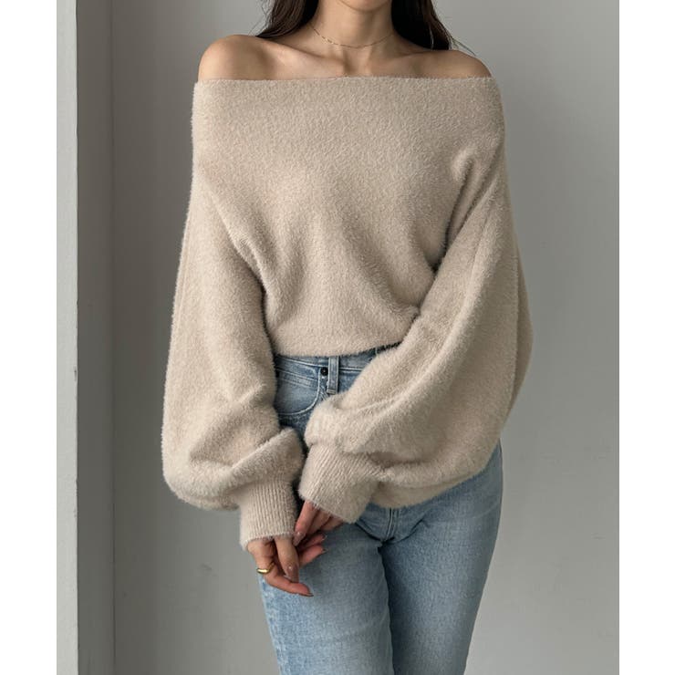 ピンクベージュ | Louere オフショルシャギーニット | Louere