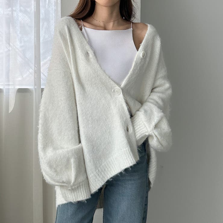 オフホワイト | Louere ボリュームVネックシャギーニットカーディガン | Louere