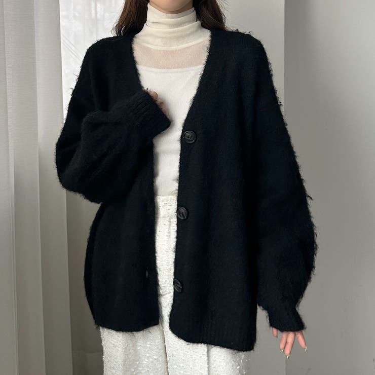 ブラック | Louere ボリュームVネックシャギーニットカーディガン | Louere