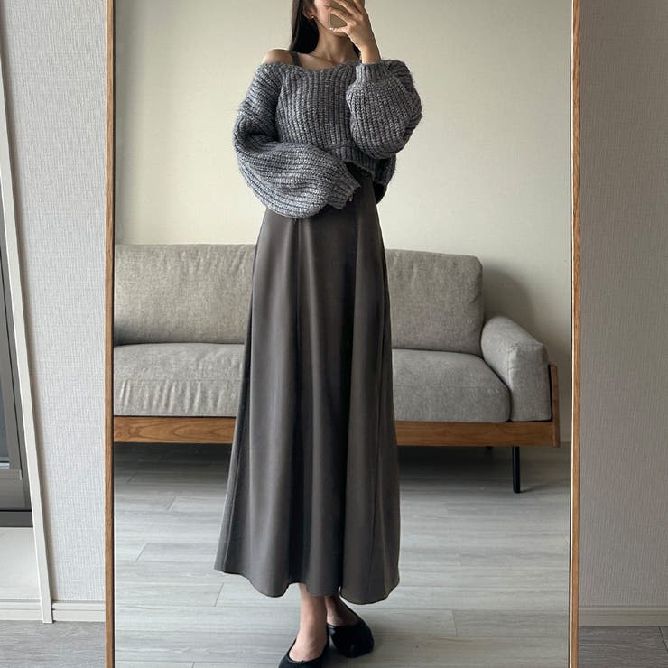 チャコール | Louere ショートニットトップス＋フレアキャミワンピース | Louere