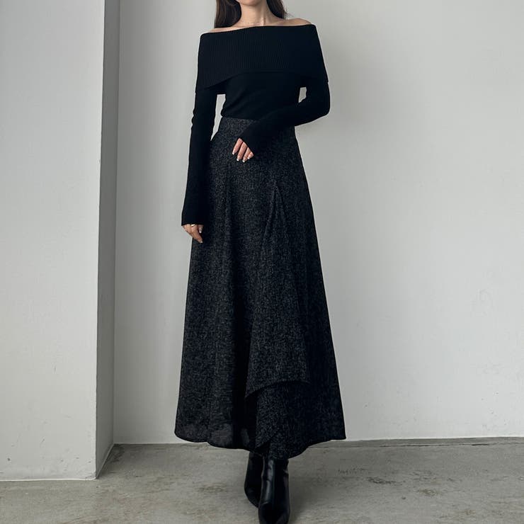 ブラック | Louere ツイードハイウエストラッフルフレアスカート | Louere