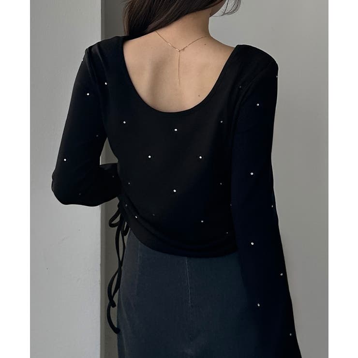 ブラック | Louere ラインストーンドロストTシャツ | Louere