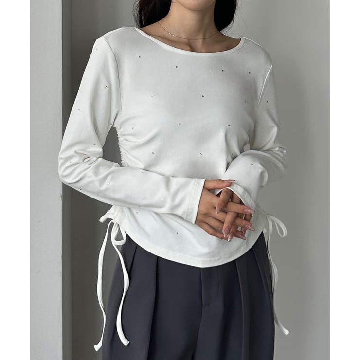 ホワイト | Louere ラインストーンドロストTシャツ | Louere