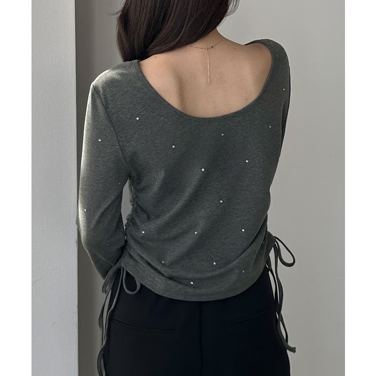 グレー | Louere ラインストーンドロストTシャツ | Louere