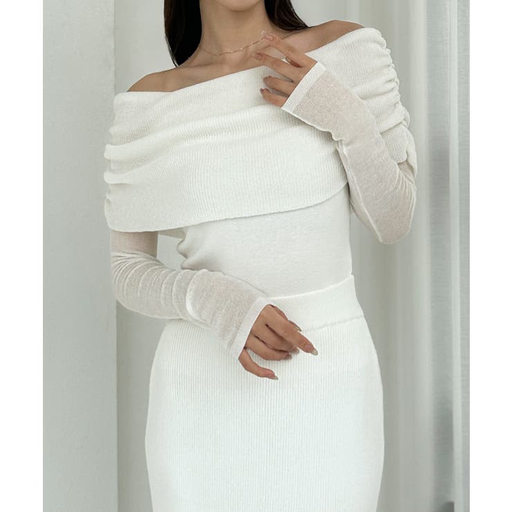 ホワイト | Louere シアーオフショルニットトップス | Louere