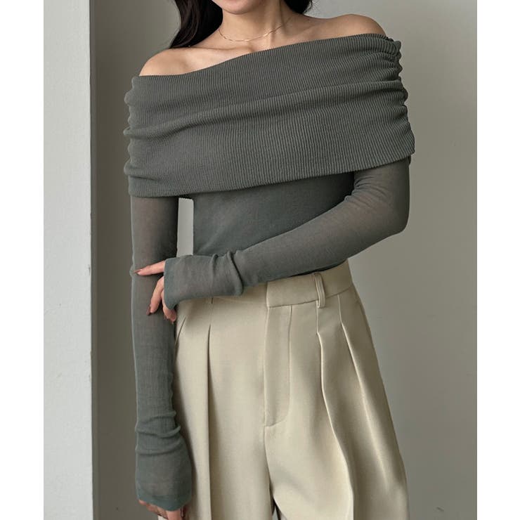 チャコール | Louere シアーオフショルニットトップス | Louere