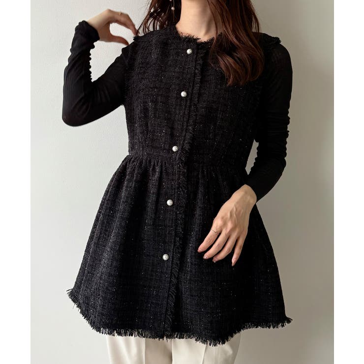 ブラック | mipiarl  ラメツイードパールボタンペプラムトップス（薄手） | JUNOAH