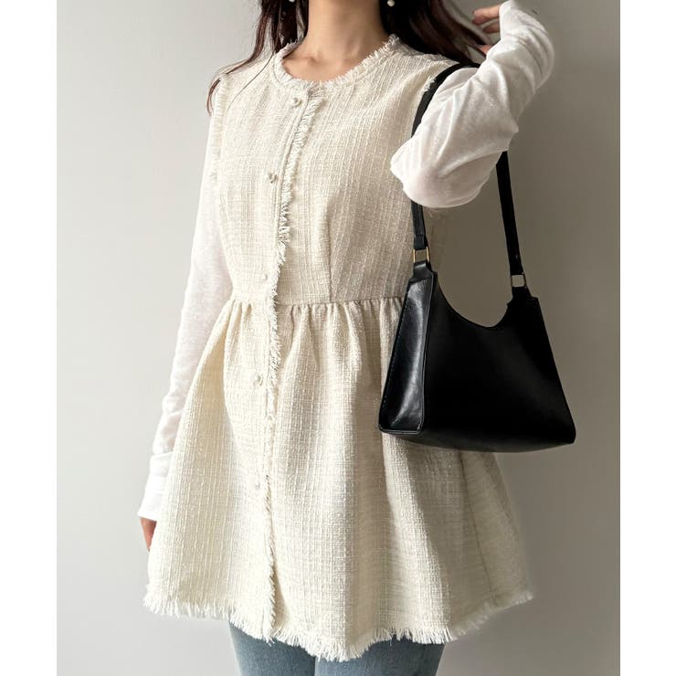 アイボリー | mipiarl  ラメツイードパールボタンペプラムトップス（薄手） | JUNOAH