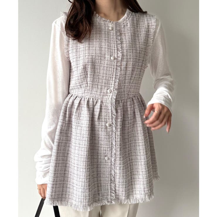 ライトグレー | mipiarl  ラメツイードパールボタンペプラムトップス（薄手） | JUNOAH