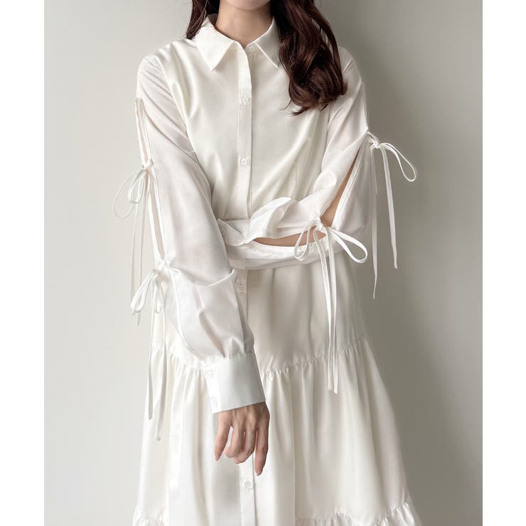 ホワイト | mipiarl  袖リボンティアードシャツワンピース【一部ぺチスカートセット】 | JUNOAH