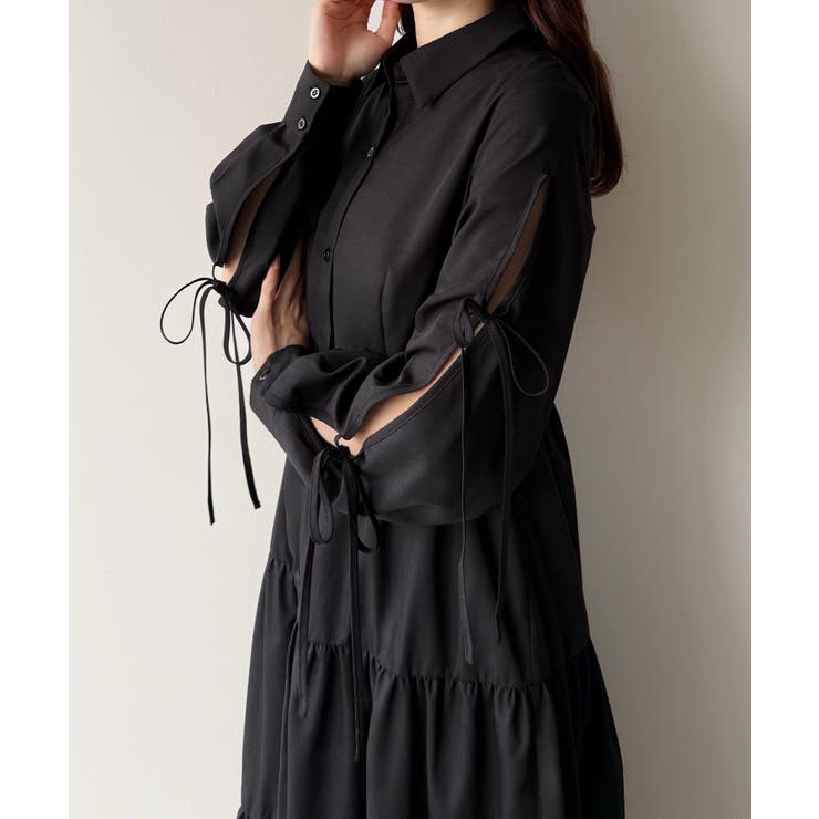 ブラック | mipiarl  袖リボンティアードシャツワンピース【一部ぺチスカートセット】 | JUNOAH