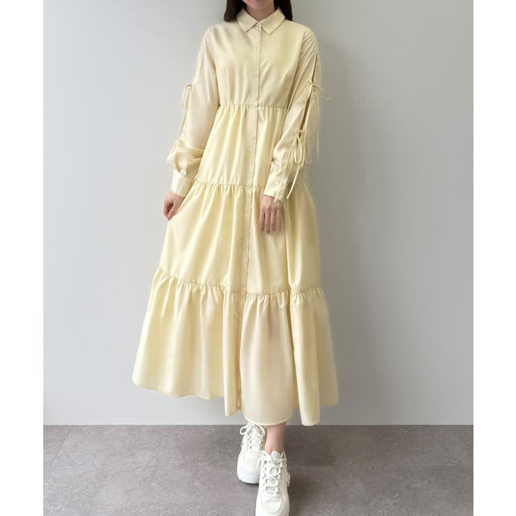 イエロー | mipiarl  袖リボンティアードシャツワンピース【一部ぺチスカートセット】 | JUNOAH