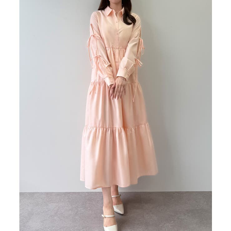 ピンク | mipiarl  袖リボンティアードシャツワンピース【一部ぺチスカートセット】 | JUNOAH