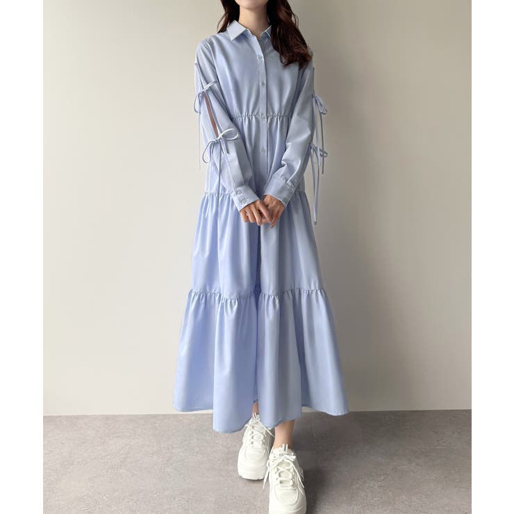 mipiarl 袖リボンティアードシャツワンピース【一部ぺチスカート mipiarl 袖リボンティアードシャツワンピース【一部ぺチスカート