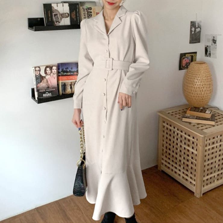 アイボリー | Vネックマーメイドワンピース レディース 長袖 | Dewlily