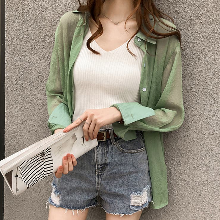 グリーン | シアー長袖シャツ レディース トップス | Dewlily