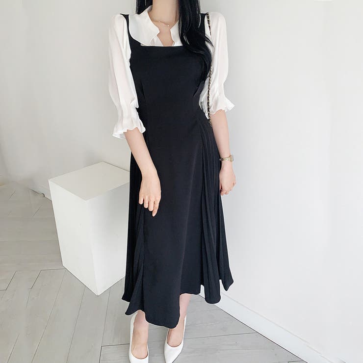 ブラック | サロペットプリーツロングワンピース レディース 春服 | Dewlily