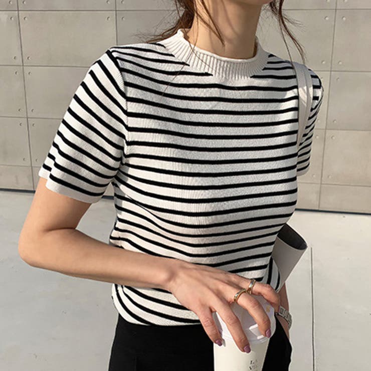 ホワイト | ボーダー半袖ニットソー レディース トップス春服 | Dewlily