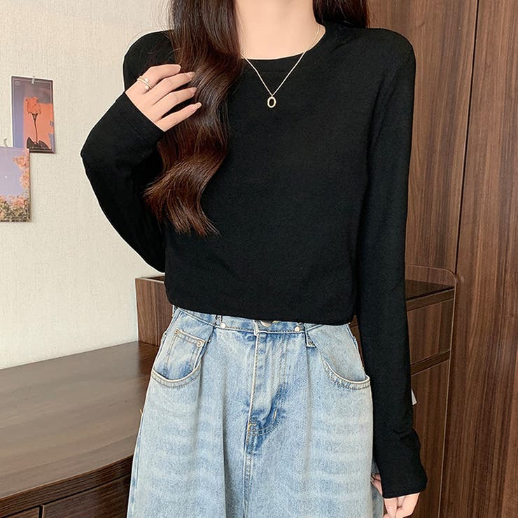 ブラック | ラウンドネック長袖Tシャツ レディース トップス | Dewlily