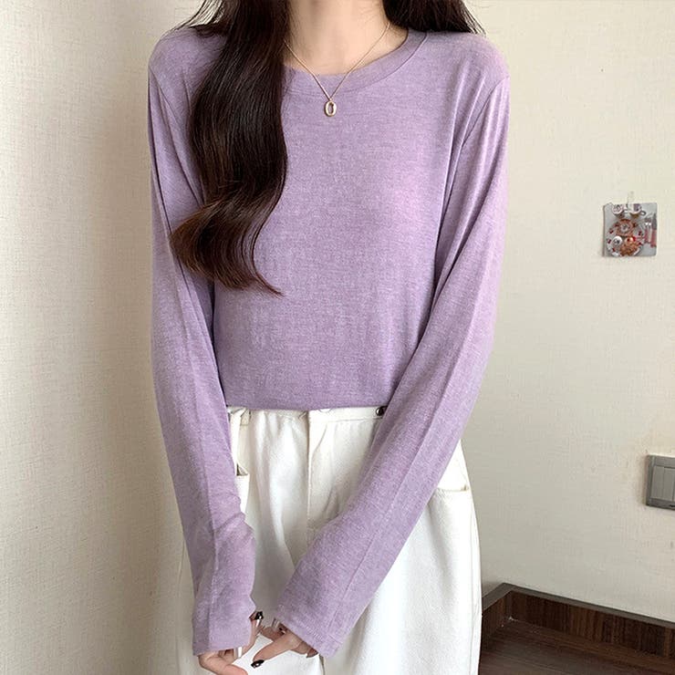 パープル | ラウンドネック長袖Tシャツ レディース トップス | Dewlily
