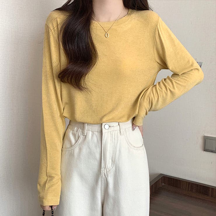イエロー | ラウンドネック長袖Tシャツ レディース トップス | Dewlily