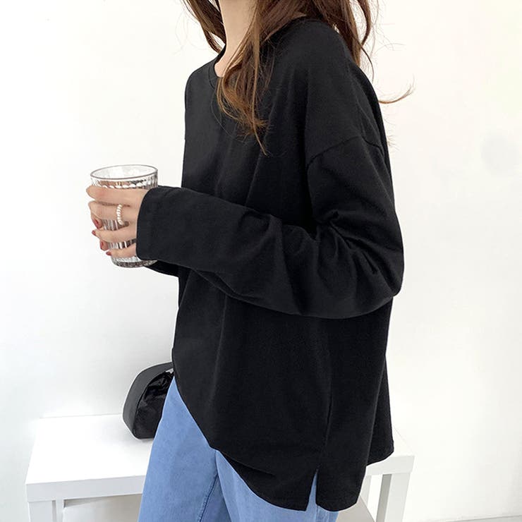 ブラック | オーバーサイズロングTシャツ レディース 長袖 | Dewlily