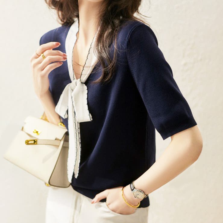 ネイビー | リボンサマーニット 韓国ファッション 10代 | Dewlily